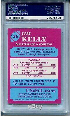 1984 Topps USFL Football 36 Jim Kelly Rookie Card XRC PSA MINT 9 Bills Gamblers