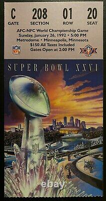 1992 NFL Football Super Bowl XXVI Ticket Washington Redskins Beat Buffalo Bills