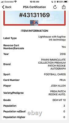 2018 Immaculate Josh Allen RC AUTO /99 RPA ROOKIE 4 Color Patch PSA 10 Gem POP 3