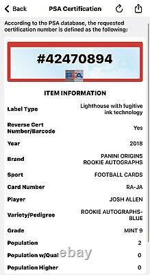/25 POP 2 RC Josh Allen 2018 Origins Rookie Auto On-Card BLUE PSA 9 No PSA 10s