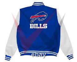 Buffalo Bills Varsity Jacket Blue Wool and Original Leather Sleeves